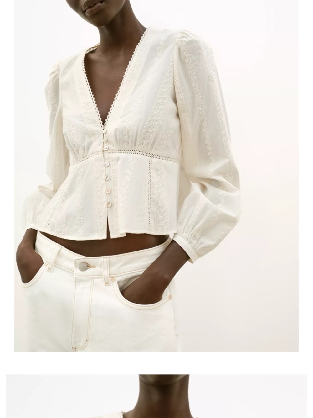 Women's Cream Lace-Trim Button Front Peplum Top